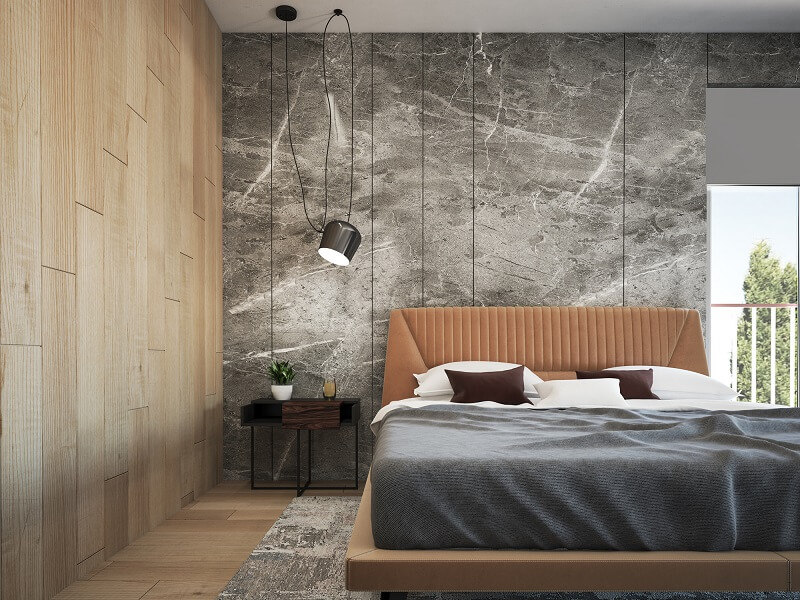beton architektoniczny na ścianie w sypialni